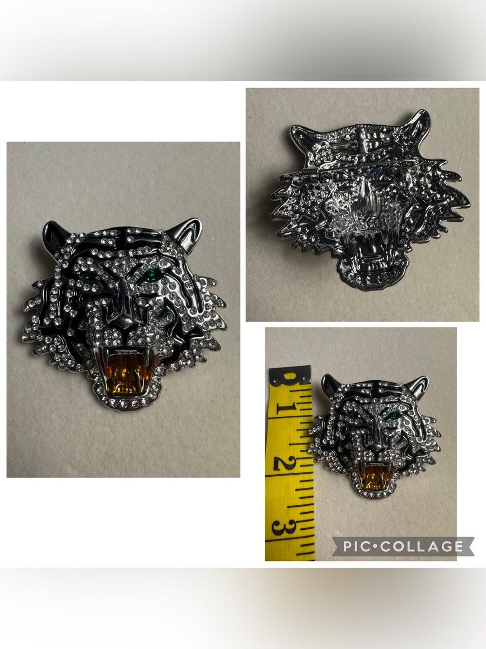 New Rhinestone Tiger Head Brooch with Amber Fang, green eyes